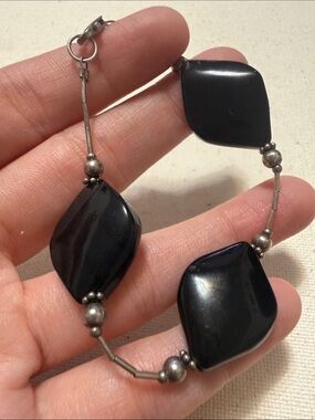 Lovely Sterling Silver 925 Black Onyx Stone Beaded Bracelet 7.25’ inch